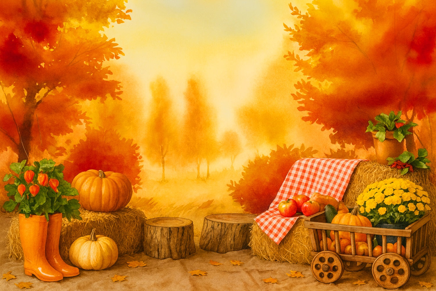 Fond photo citrouille Verger doré Pique-nique d'automne Idées de fond pour Thanksgiving LXX510-39
