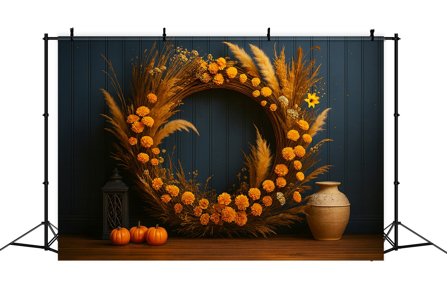 Fond avec citrouilles Couronne dorée Charme rustique Fond pour Thanksgiving LXX510-42