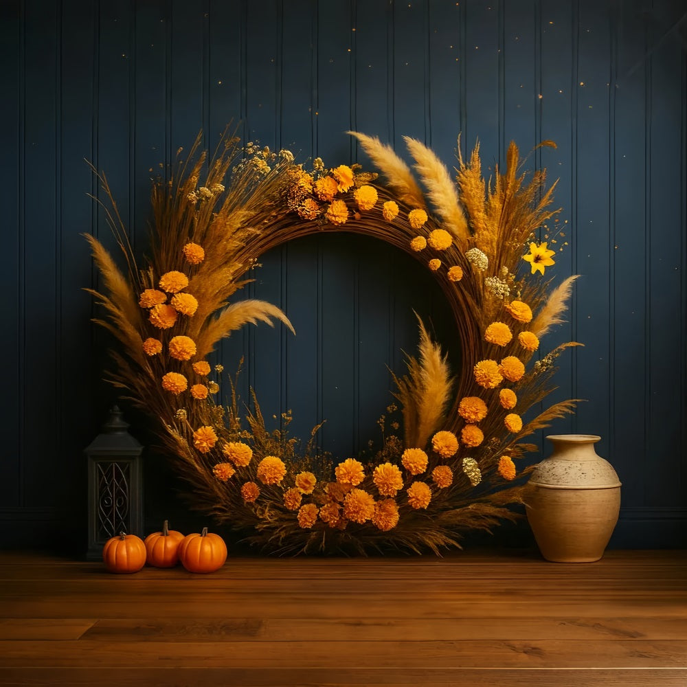 Fond avec citrouilles Couronne dorée Charme rustique Fond pour Thanksgiving LXX510-42
