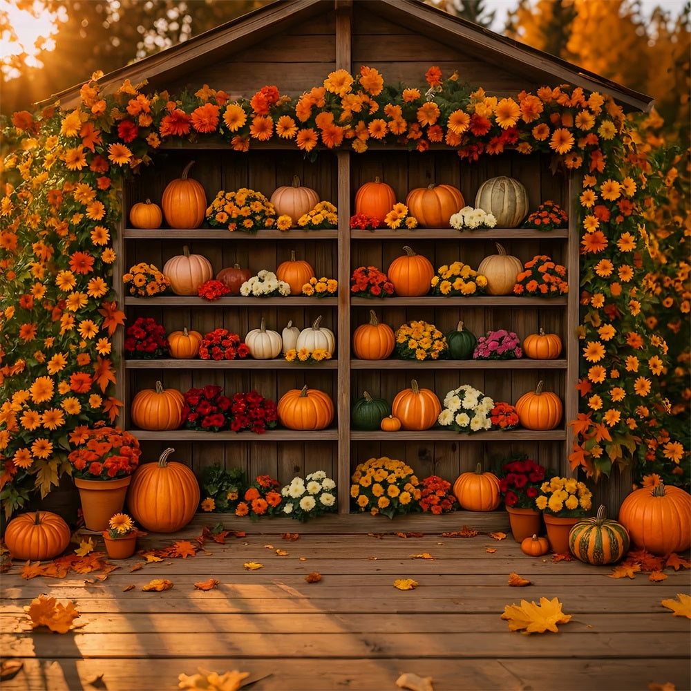 Fond de ferme Citrouilles en fleurs Étagère florale Fond photo Thanksgiving LXX510-49