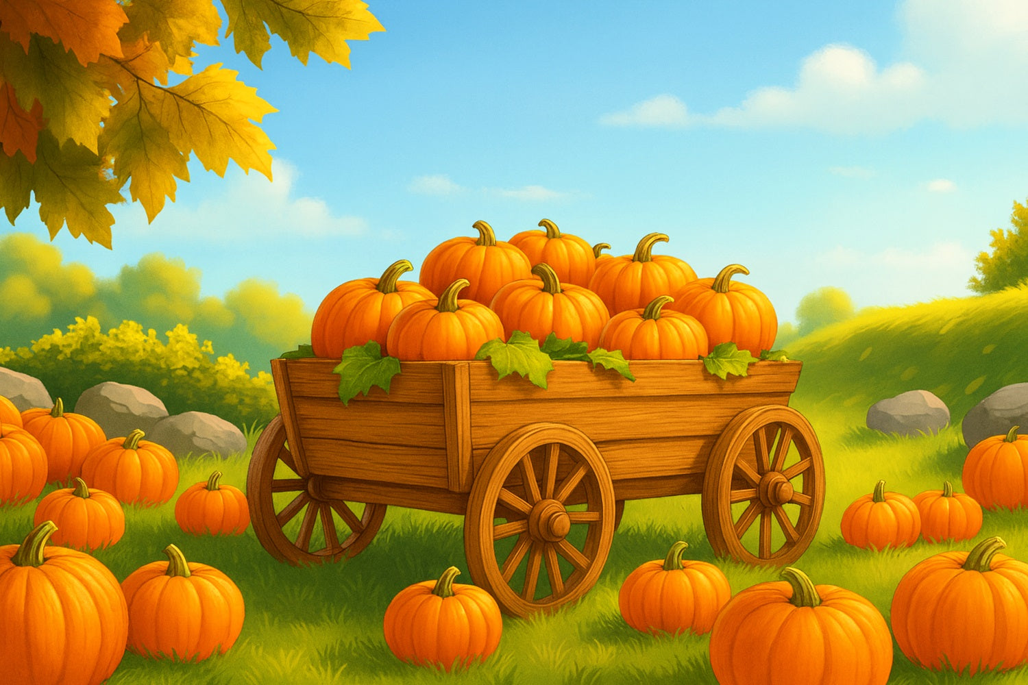Fond agricole Chariot de citrouilles Champ ensoleillé Idées de fonds pour Thanksgiving LXX510-51