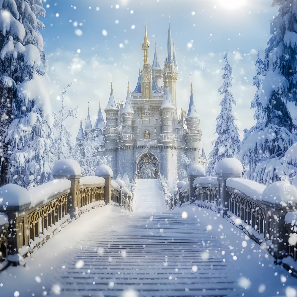 Fond Wonderland Château enneigé Pont Fond photographique hivernal fantastique LXX510-64