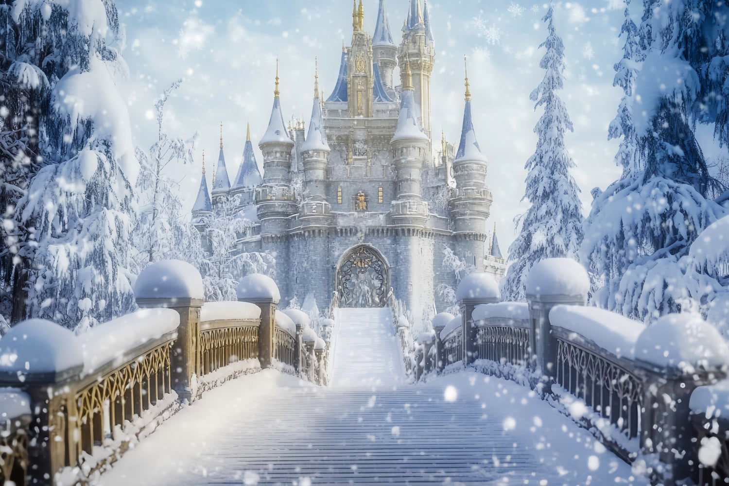 Fond Wonderland Château enneigé Pont Fond photographique hivernal fantastique LXX510-64