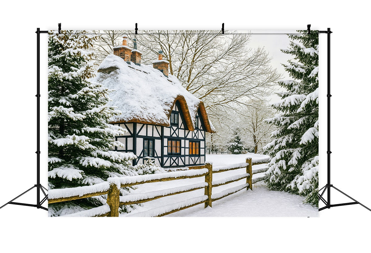 Fond hivernal féérique Cottage enneigé Forêt de pins Fond hivernal LXX510-82