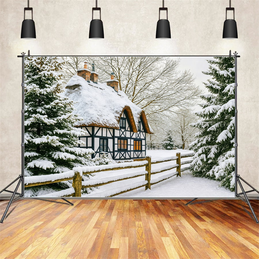 Fond hivernal féérique Cottage enneigé Forêt de pins Fond hivernal LXX510-82
