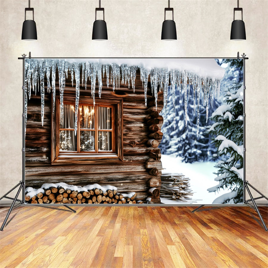 Fond photo hivernal Cabane confortable Fenêtre avec glaçons Fond hivernal LXX510-84