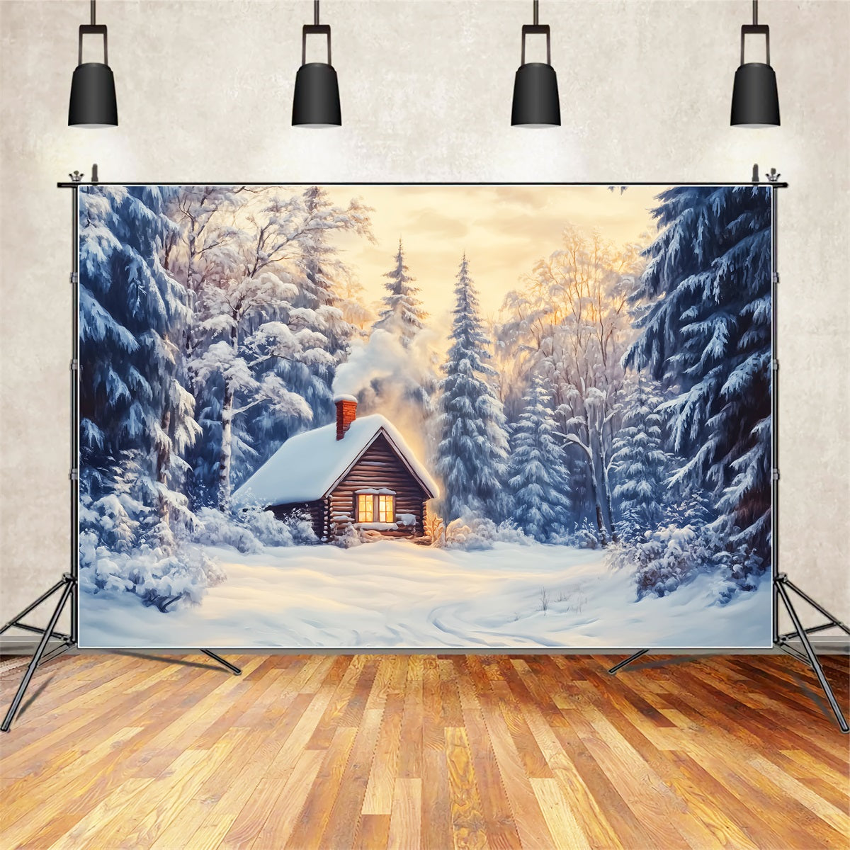 Fond hivernal féérique Cabane enneigée Forêt lumineuse Fonds photo hivernaux LXX510-85