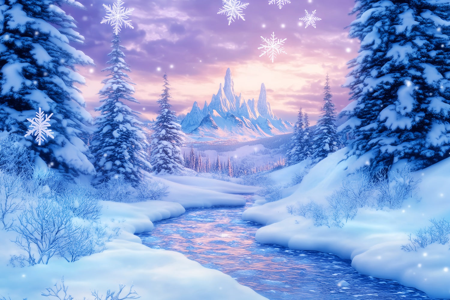 Fond féérique Rivière gelée Montagne Crépuscule Fonds photo hivernaux LXX510-86