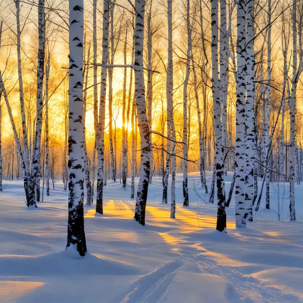 Fond forêt hivernale Lever de soleil doré Bouleau féérique Fond hivernal LXX510-87