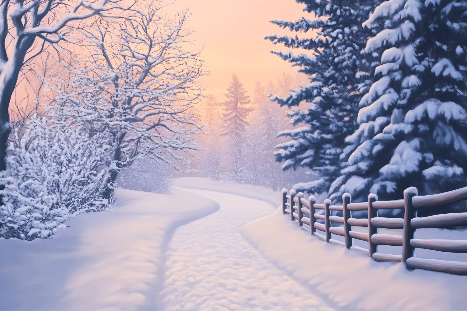 Fond féérique Chemin enneigé Pins dorés Fond hivernal pour la photographie LXX510-89