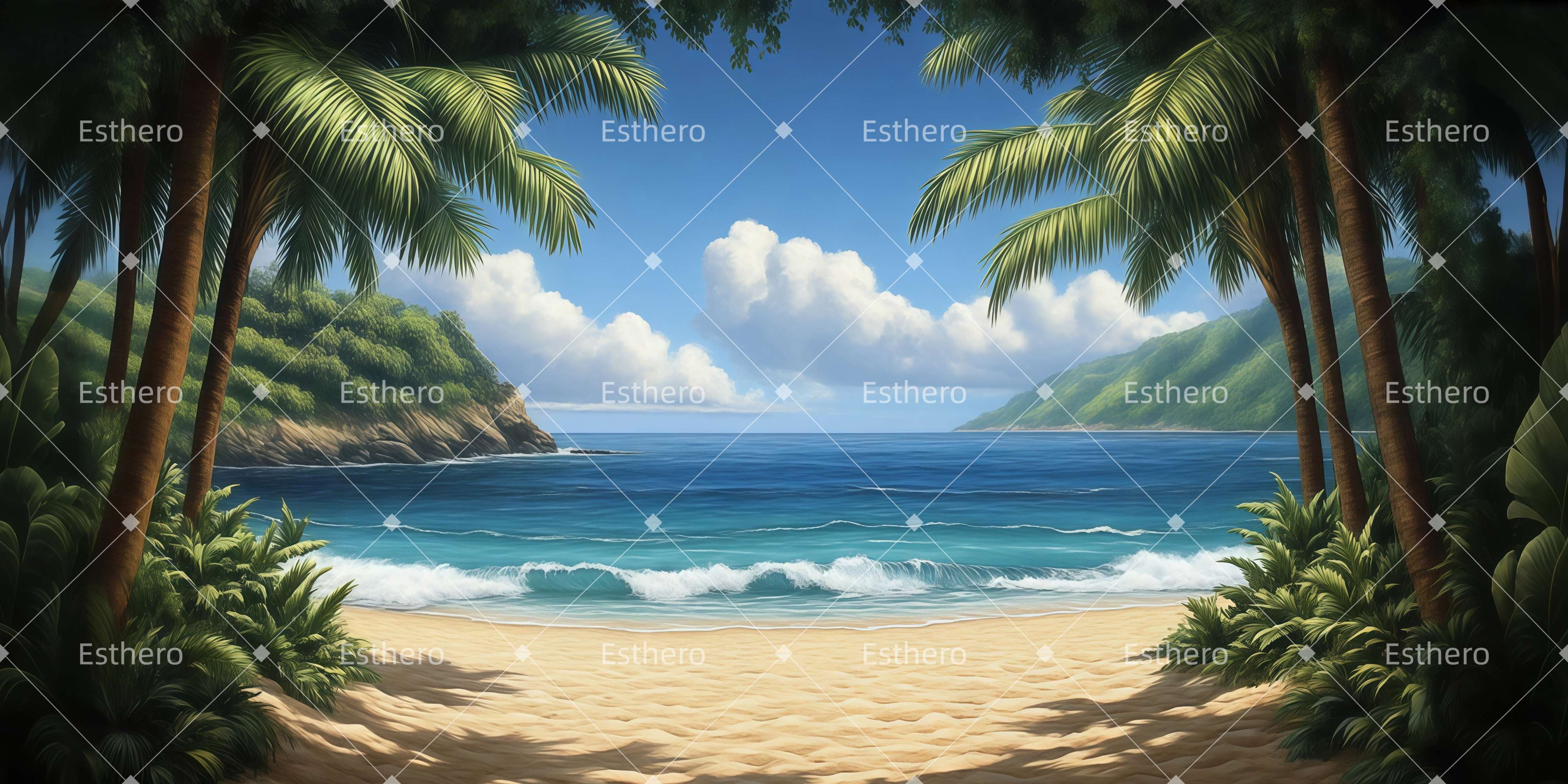 Fond de Scène Plage Aux Palmiers Tropicaux LXX511-T56
