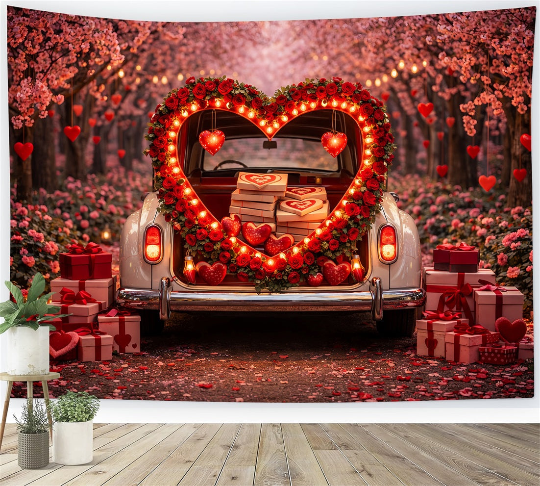 Fond de Valentine avec boîte cadeau coffre en forme de cœur et fleurs Fond avec cœur en roses rouges LXX512-100