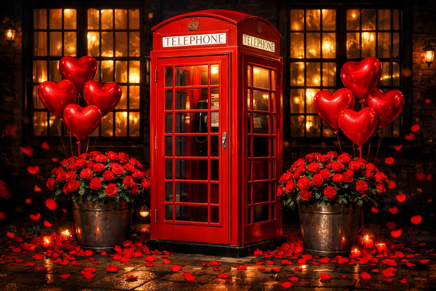 Fond avec ballons en forme de cœur cabine téléphonique rouge et roses rouges LXX512-101
