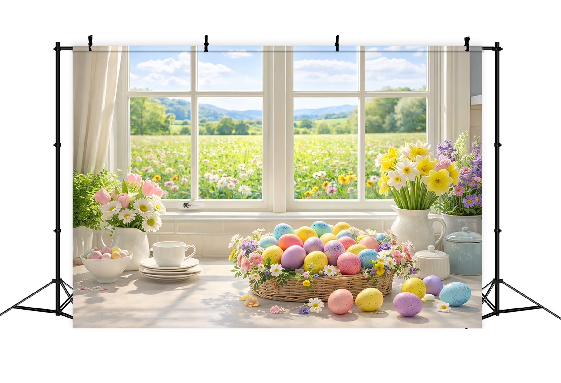 Fond de Pâques Panier de printemps pour fenêtre Marguerites Fond de tulipes LXX512-102