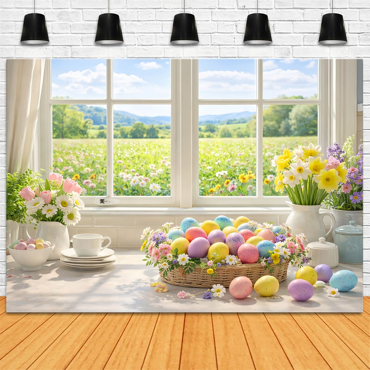 Fond de Pâques Panier de printemps pour fenêtre Marguerites Fond de tulipes LXX512-102