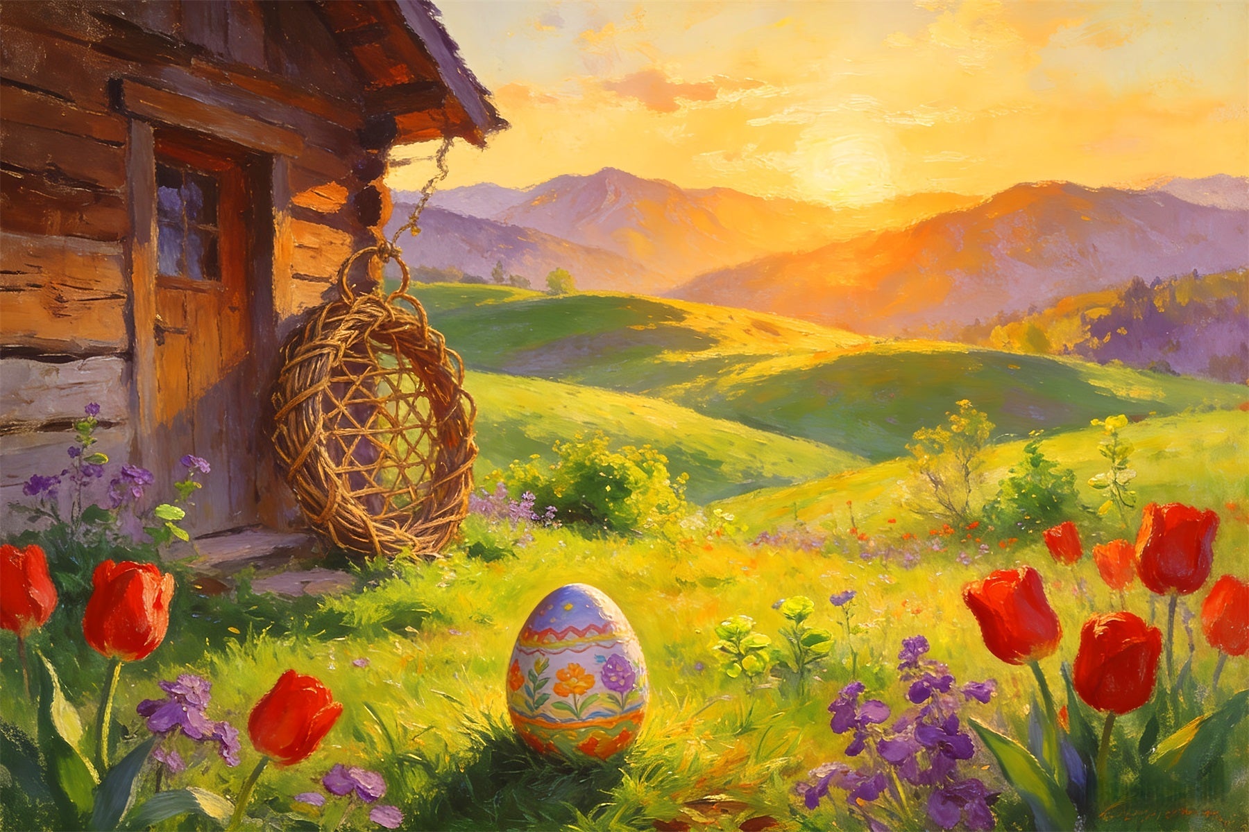 Fond chasse aux œufs de Pâques Cottage peint Lever du soleil Prés Fond tulipes LXX512-106