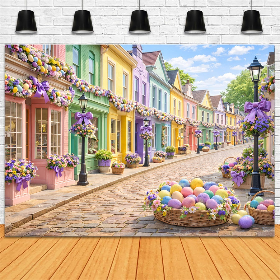 Fond panier de Pâques Village pastel Fond photo de Pâques rue LXX512-107