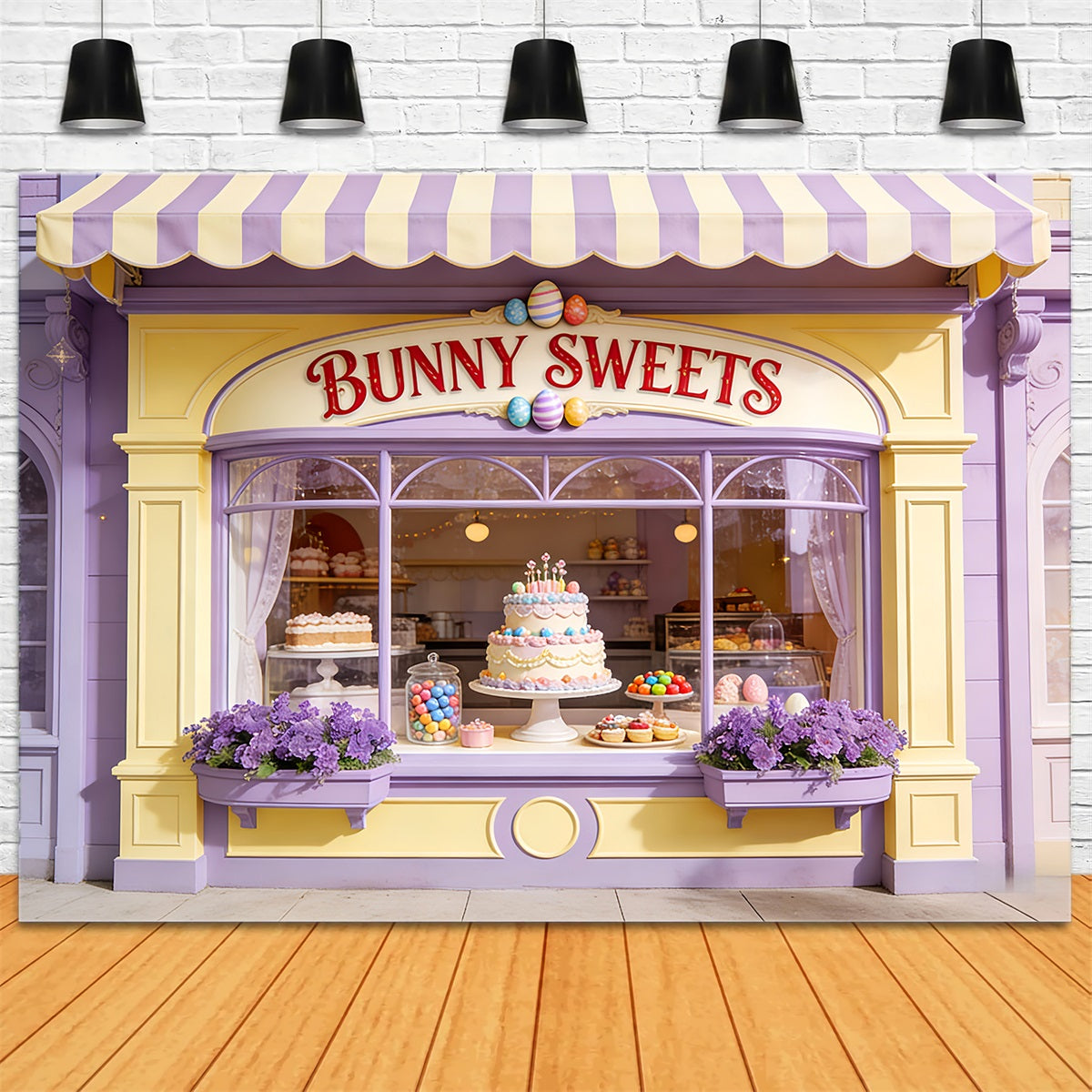 Fond avec œufs de Pâques Lapin Bonbons Gâteau Vitrine Fond Joyeuses Pâques LXX512-109