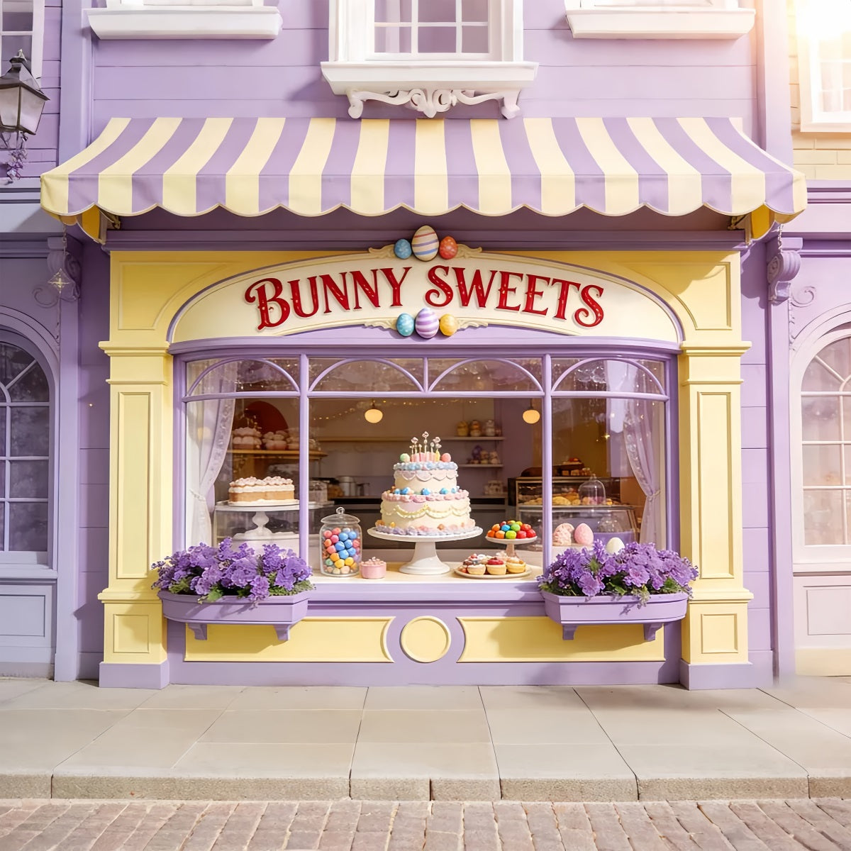 Fond avec œufs de Pâques Lapin Bonbons Gâteau Vitrine Fond Joyeuses Pâques LXX512-109