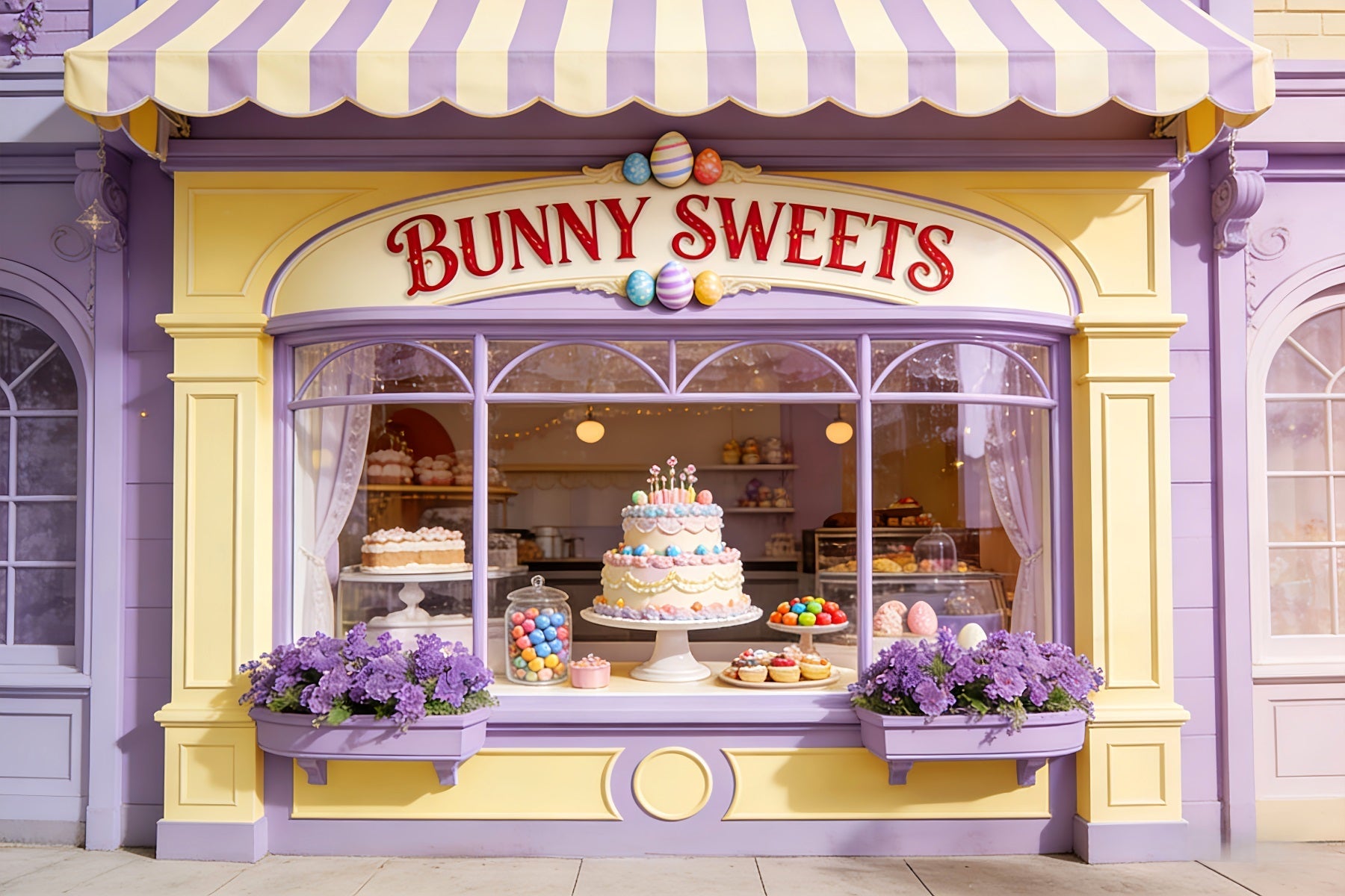 Fond avec œufs de Pâques Lapin Bonbons Gâteau Vitrine Fond Joyeuses Pâques LXX512-109