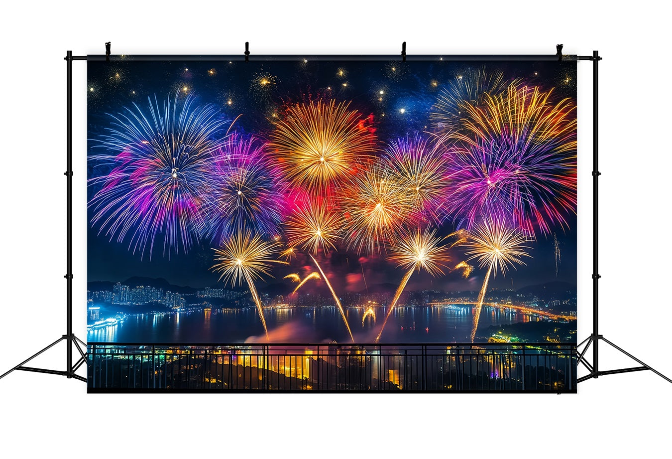 Fond pour le Nouvel An Feux d'artifice vibrants Panorama du port Fond urbain nocturne LXX512-11