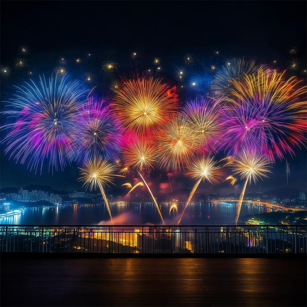 Fond pour le Nouvel An Feux d'artifice vibrants Panorama du port Fond urbain nocturne LXX512-11