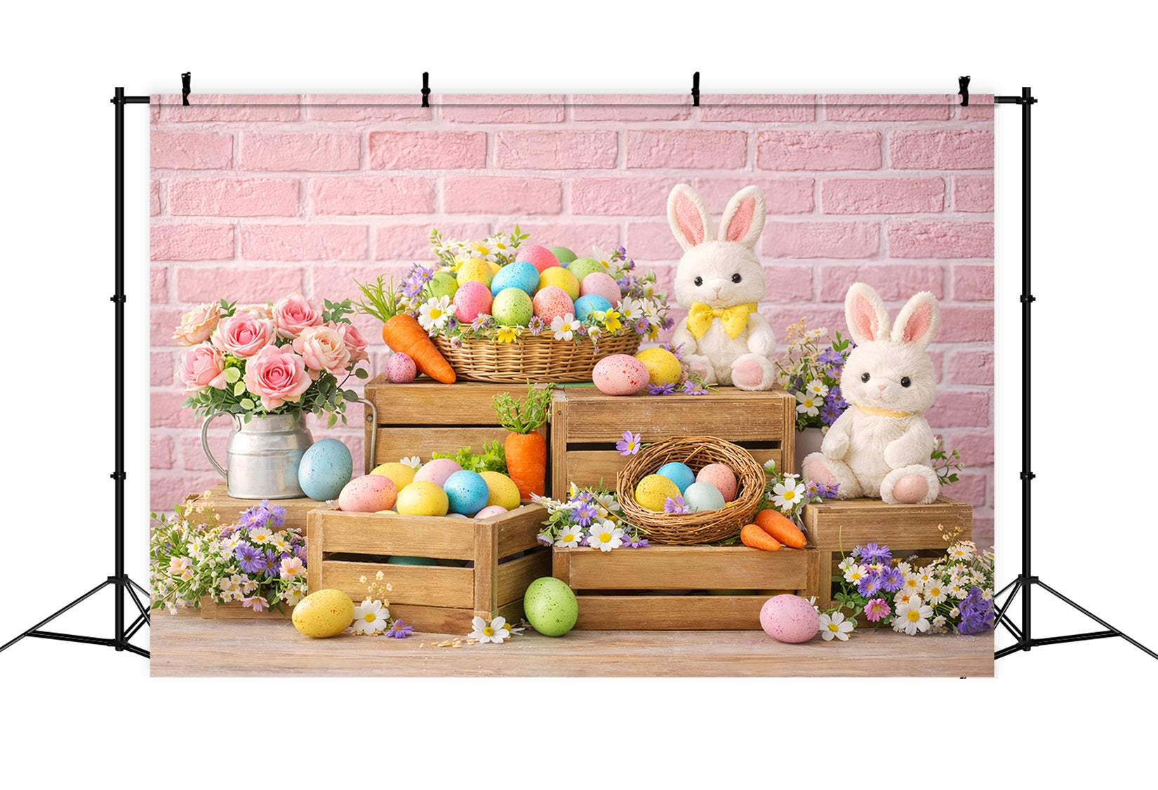Fond lapin, carottes, caisse en bois, œufs de Pâques LXX512-110