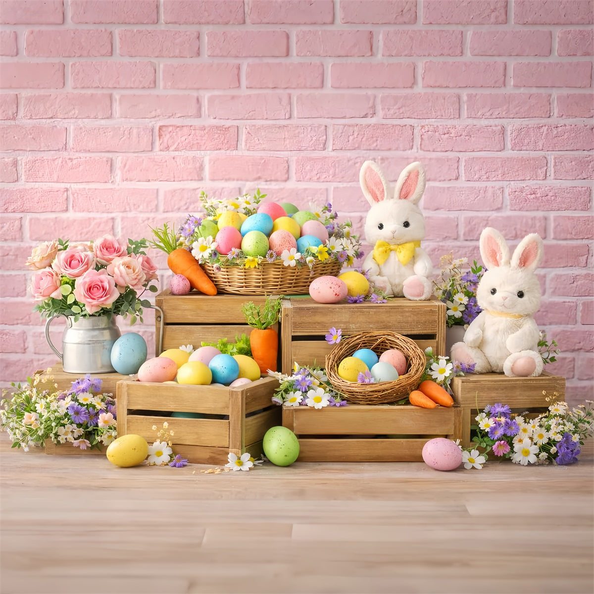 Fond lapin, carottes, caisse en bois, œufs de Pâques LXX512-110