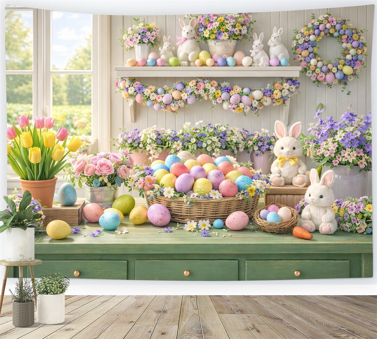 Fond fleurs de Pâques Œufs pastel Tulipes Fenêtre Lapin Fond LXX512-114