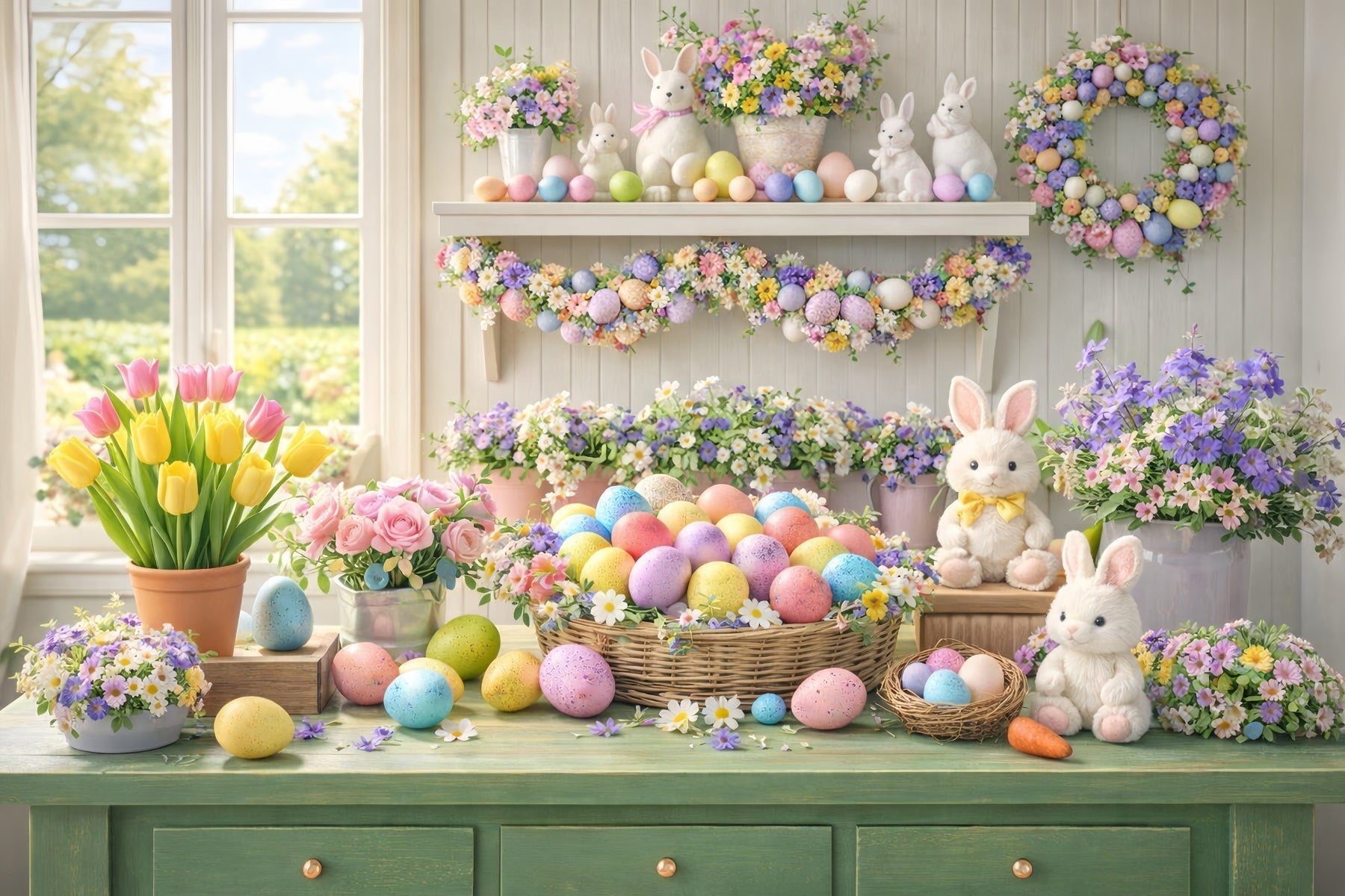 Fond fleurs de Pâques Œufs pastel Tulipes Fenêtre Lapin Fond LXX512-114