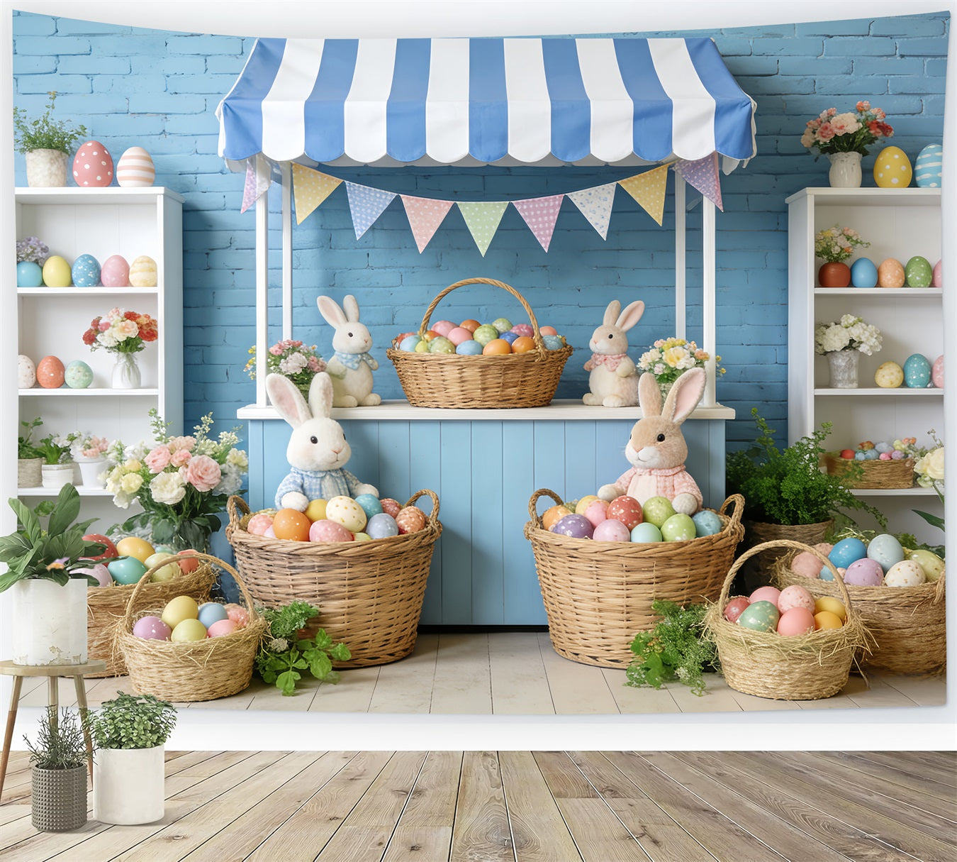 Fond lapin à rayures bleues Étal de marché Fond photo de Pâques LXX512-118