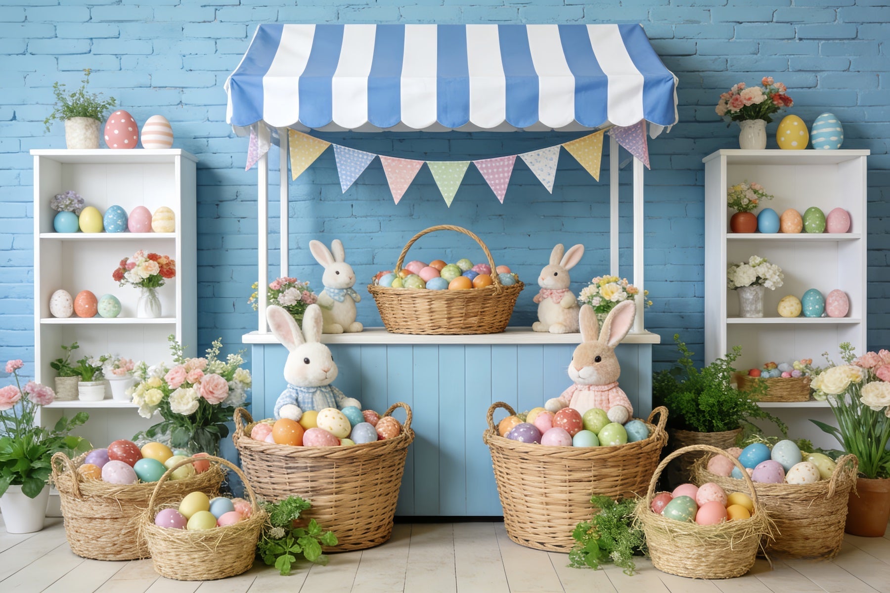 Fond lapin à rayures bleues Étal de marché Fond photo de Pâques LXX512-118