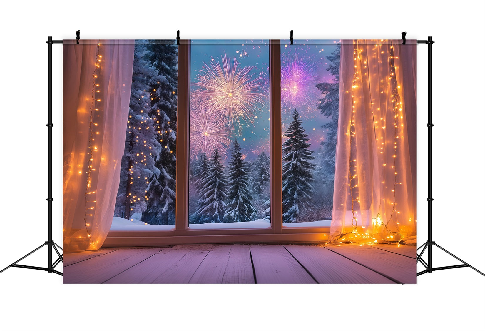 Fond pour le Nouvel An Fenêtre hivernale chaleureuse Feux d'artifice Fond pour le réveillon du Nouvel An LXX512-12