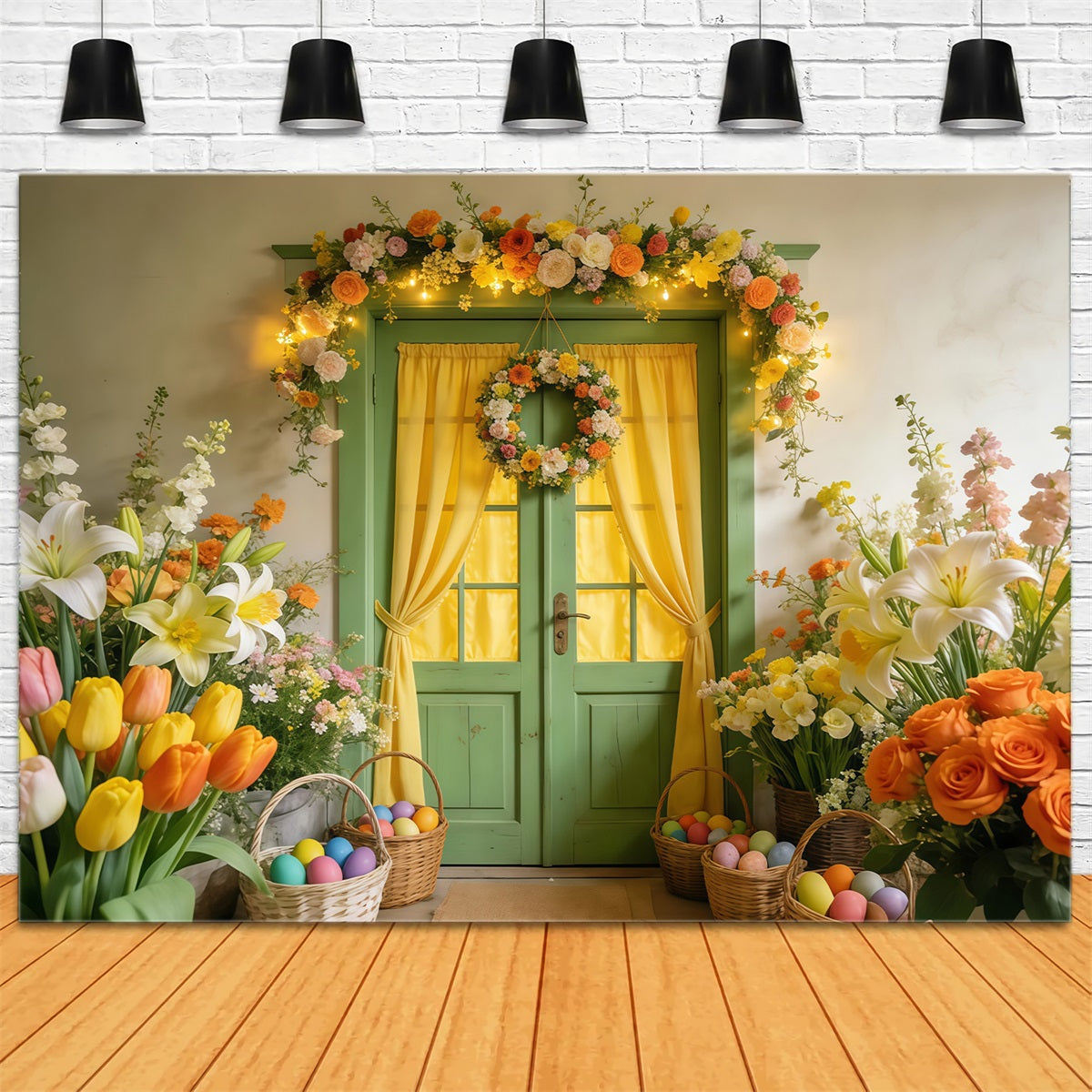 Fond tulipes Porte verte Couronne florale Fond œufs de Pâques lumineux LXX512-124