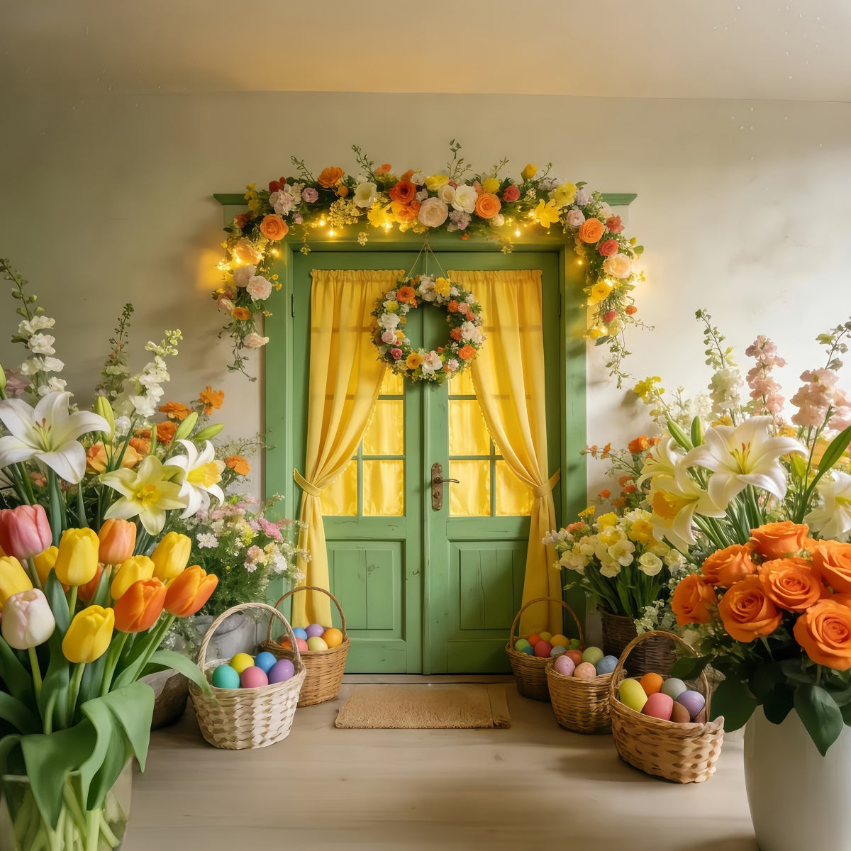 Fond tulipes Porte verte Couronne florale Fond œufs de Pâques lumineux LXX512-124