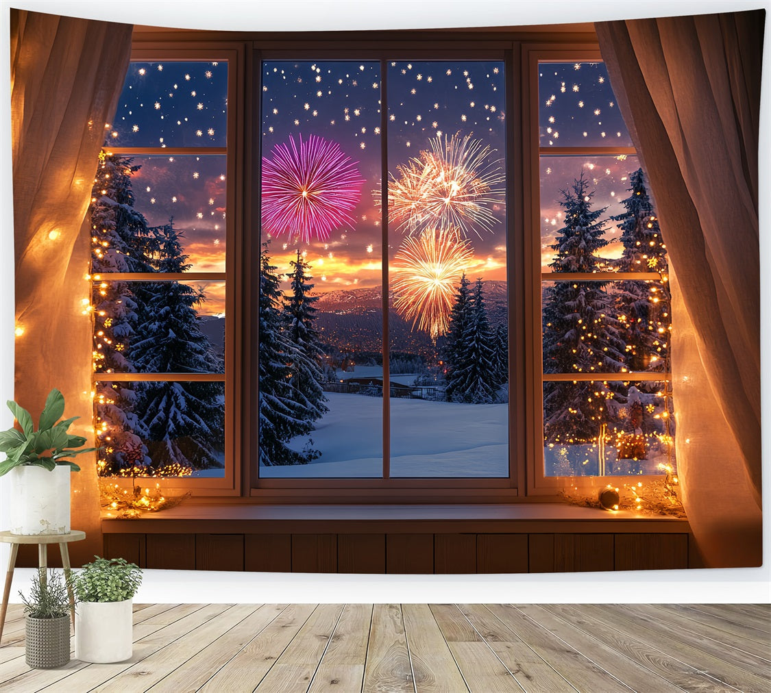 Fond photo pour le Nouvel An Fenêtre enneigée en hiver Forêt Fond feux d'artifice LXX512-13