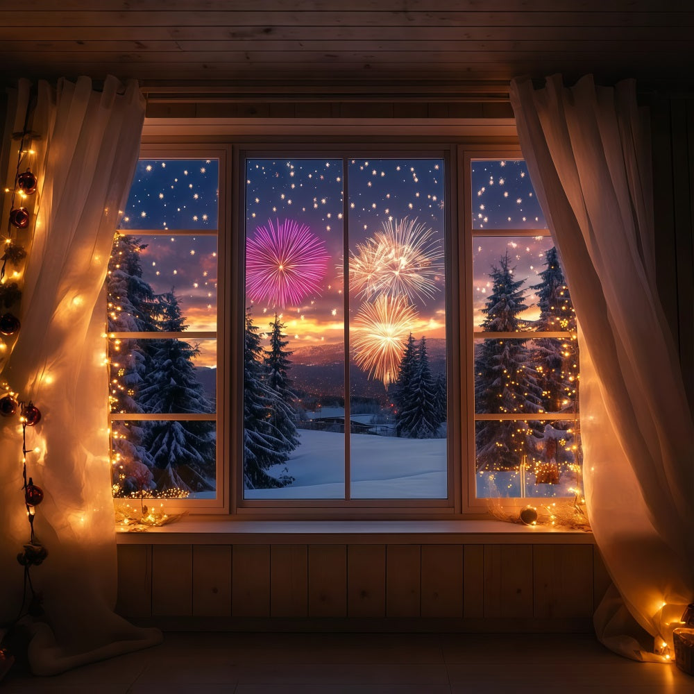 Fond photo pour le Nouvel An Fenêtre enneigée en hiver Forêt Fond feux d'artifice LXX512-13