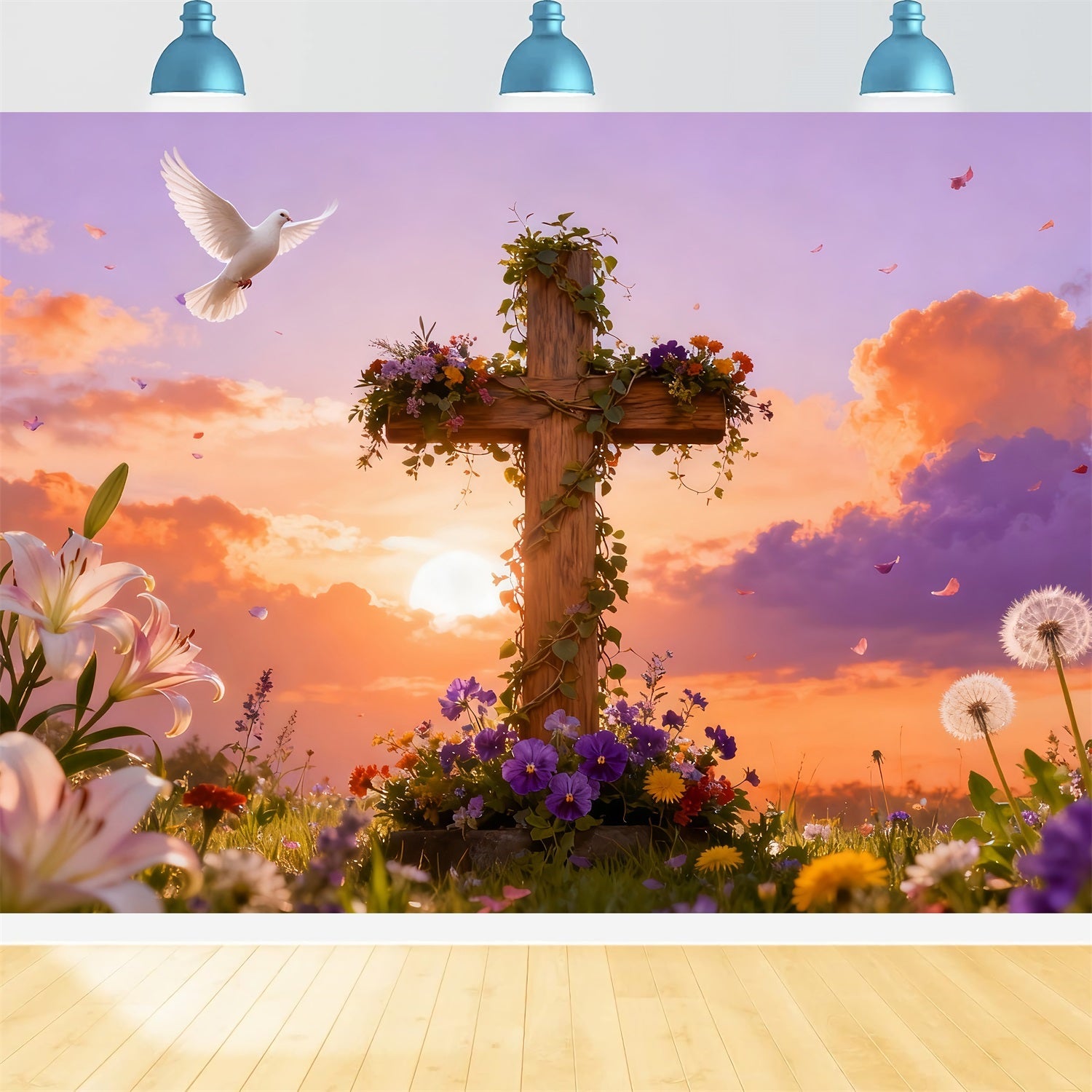 Fond avec croix Résurrection Oiseaux chanteurs Lever du soleil Prairie Fond photo pour église à Pâques LXX512-132