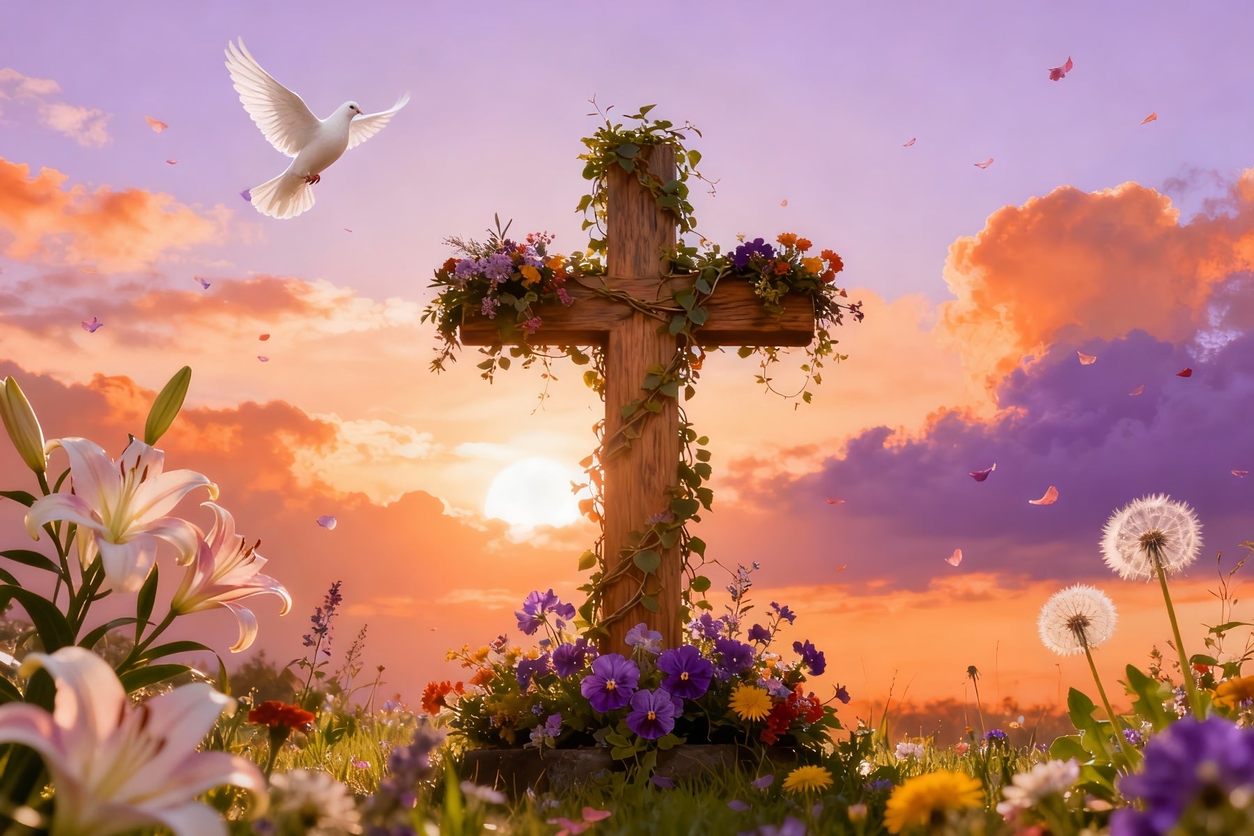 Fond avec croix Résurrection Oiseaux chanteurs Lever du soleil Prairie Fond photo pour église à Pâques LXX512-132