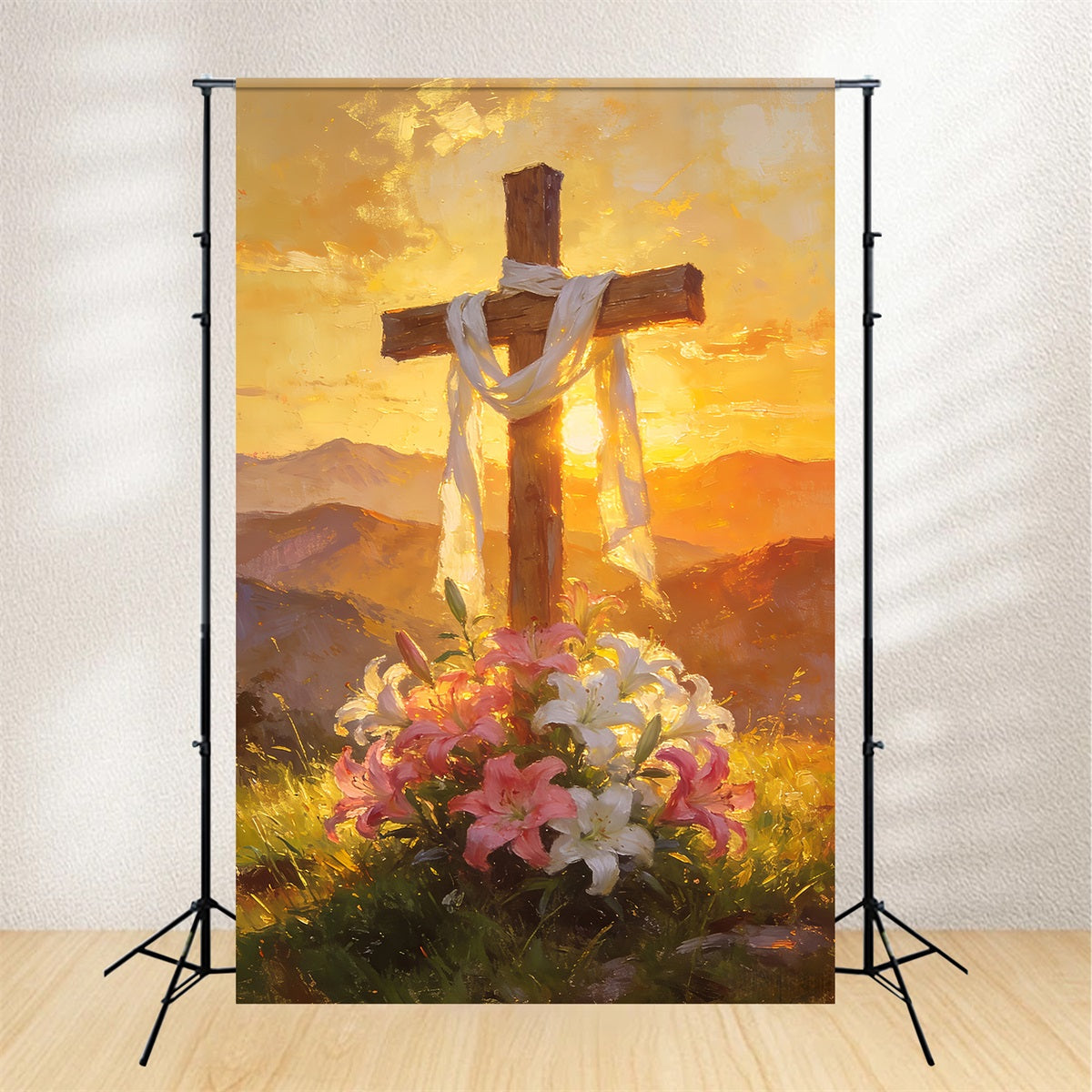 Fonds religieux de Pâques Croix florale dorée Lever du soleil Église Fond de Pâques LXX512-138