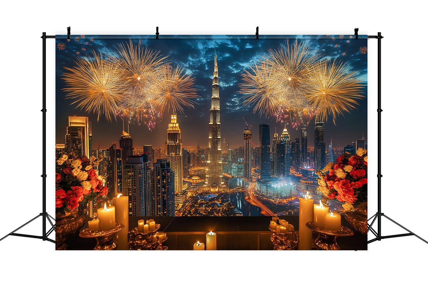 Fond « Bonne année » Luxueux horizon urbain Feux d'artifice Fond urbain nocturne LXX512-14