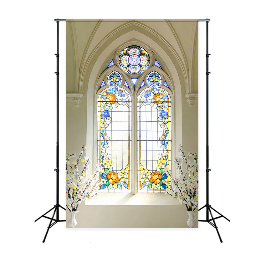 Fond vitrail, cathédrale, marguerites, fenêtre en arc, fond de Pâques pour église LXX512-141