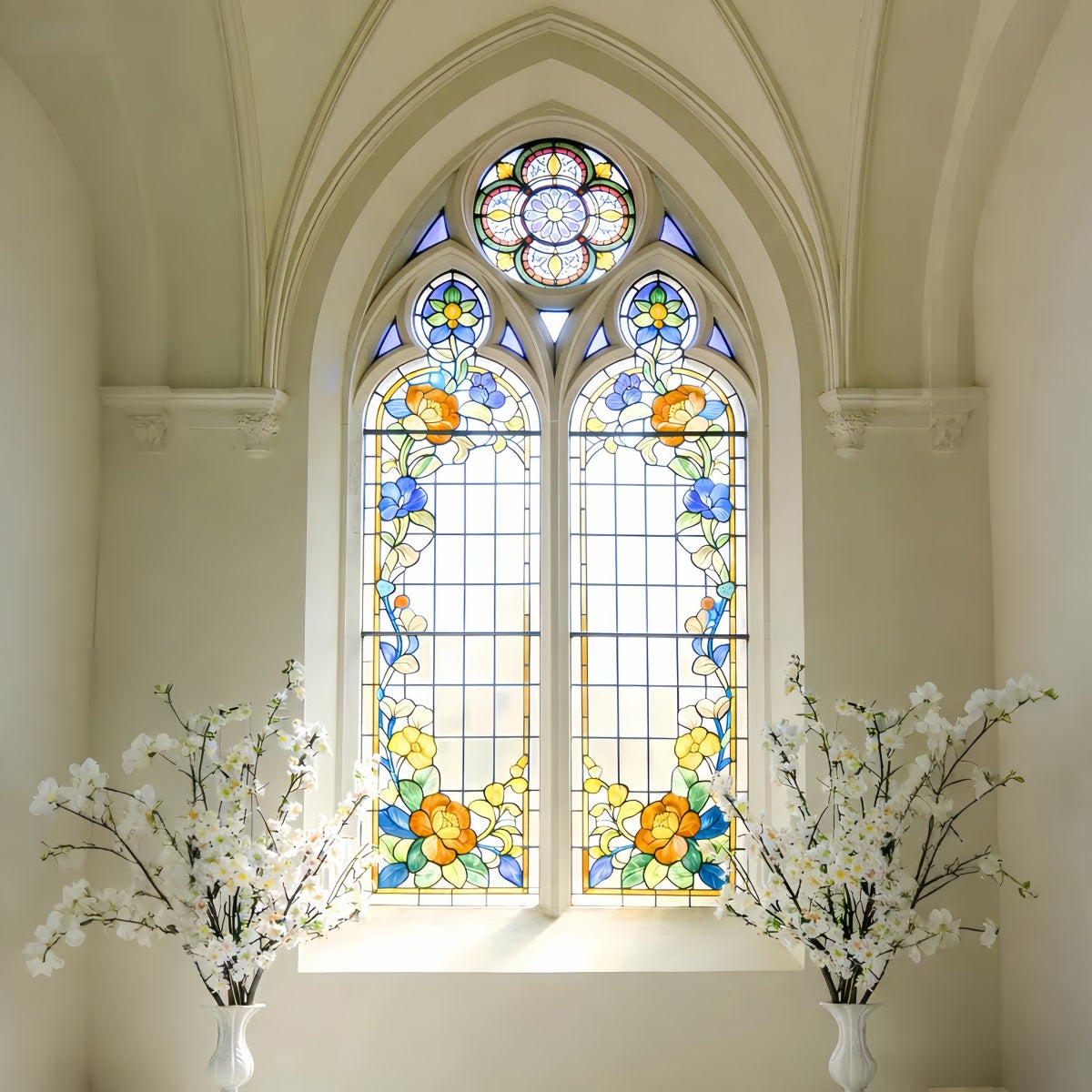 Fond vitrail, cathédrale, marguerites, fenêtre en arc, fond de Pâques pour église LXX512-141