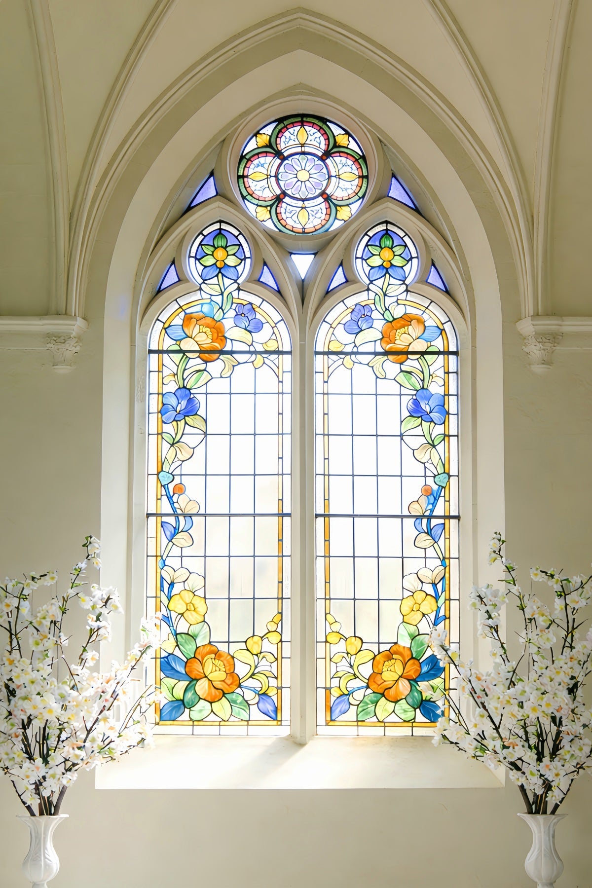 Fond vitrail, cathédrale, marguerites, fenêtre en arc, fond de Pâques pour église LXX512-141