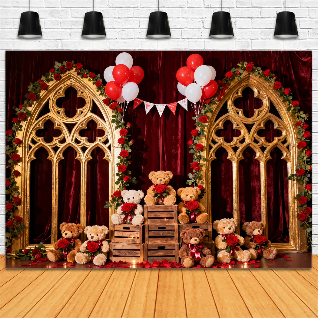 Toile de fond romantique Ballon rose cramoisi Arche florale Teddy Toile de fond Saint-Valentin LXX512-142