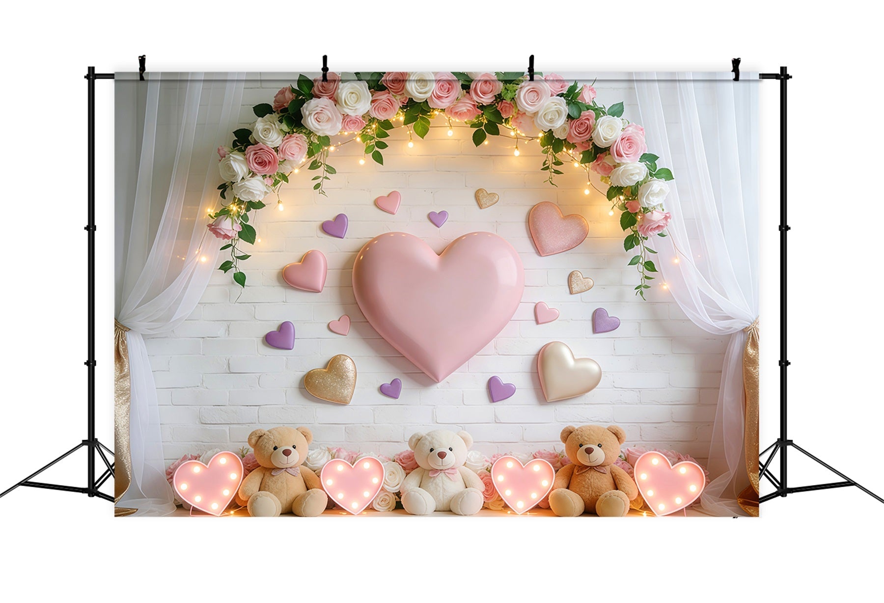 Toiles de fond romantiques Cœur sucré Ours en peluche Lumières Toile de fond romantique LXX512-145