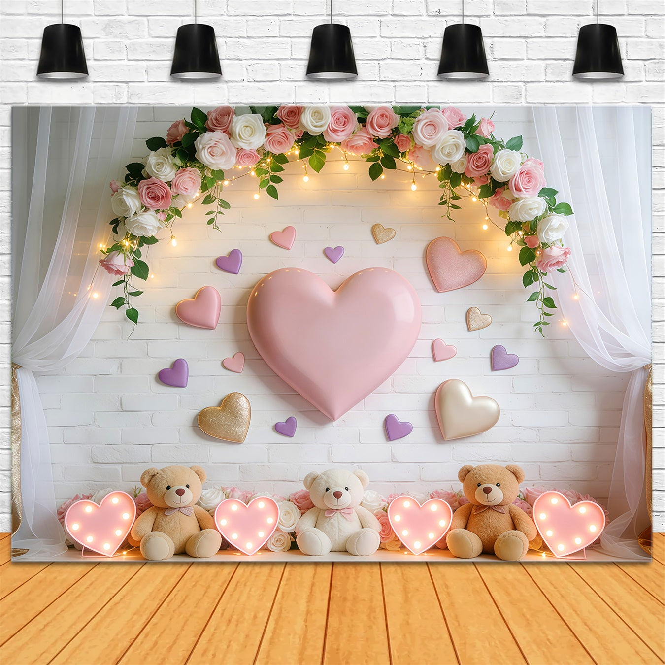 Toiles de fond romantiques Cœur sucré Ours en peluche Lumières Toile de fond romantique LXX512-145