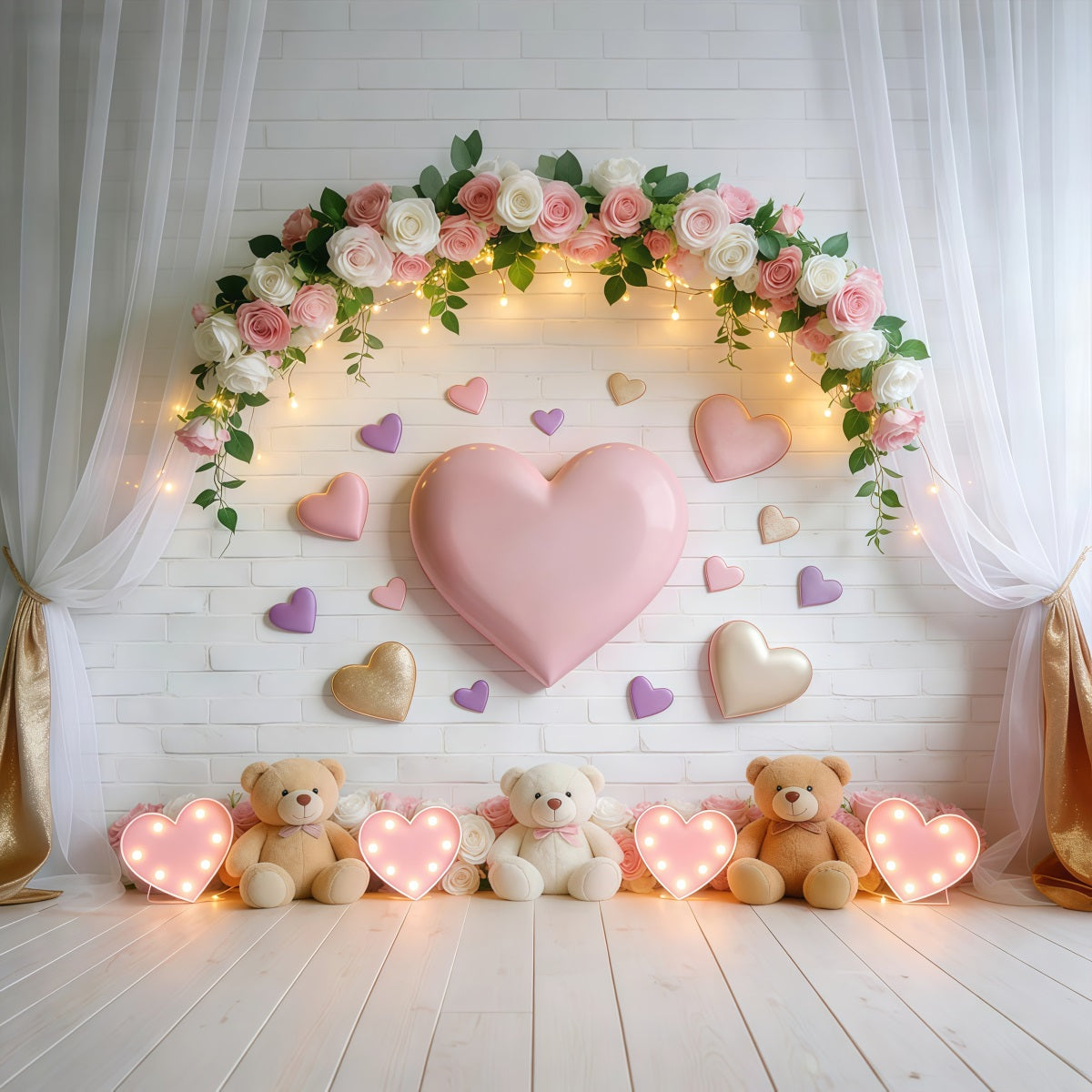 Toiles de fond romantiques Cœur sucré Ours en peluche Lumières Toile de fond romantique LXX512-145