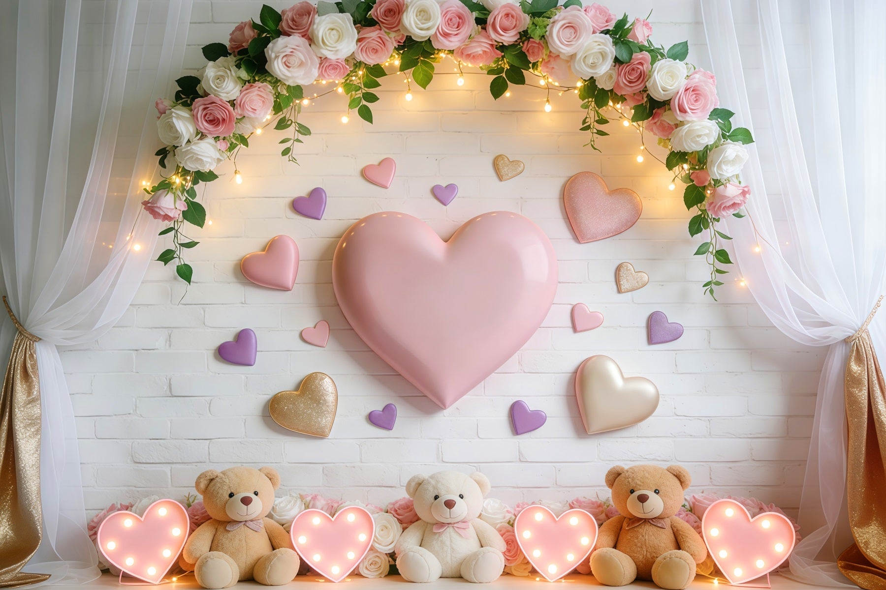 Toiles de fond romantiques Cœur sucré Ours en peluche Lumières Toile de fond romantique LXX512-145