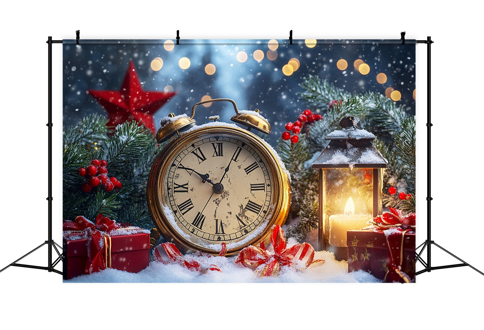 Fonds « Nouvel An » Compte à rebours sous la neige Bokeh scintillant Horloge Fond photo LXX512-15